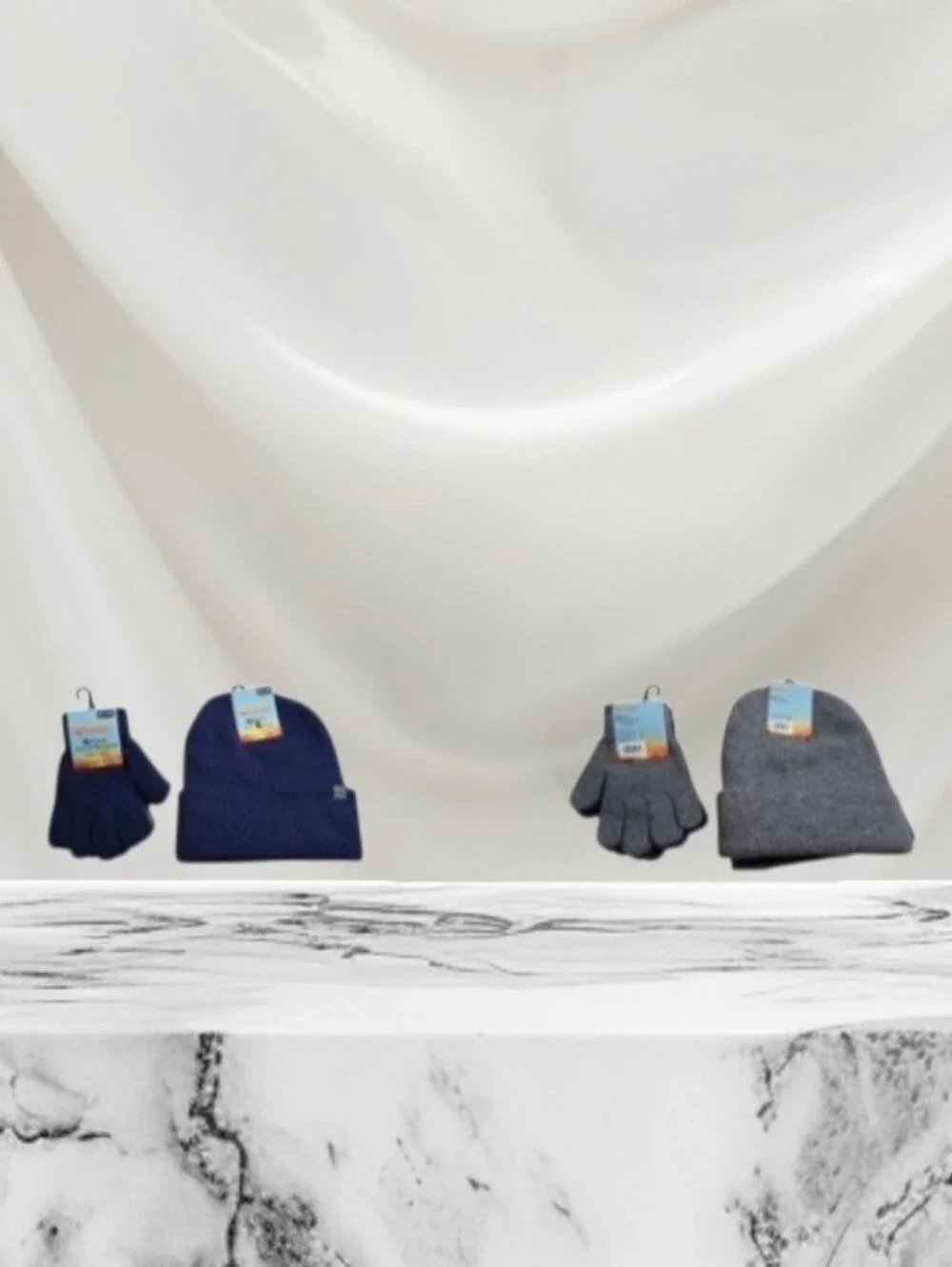 #hL01 Kids Winter Hat and Glove Set - Navy and Gray 2 Pairs.